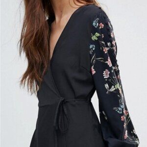 Vero Moda Black Wrap Dress with Floral Sleeves, Size L, NWT